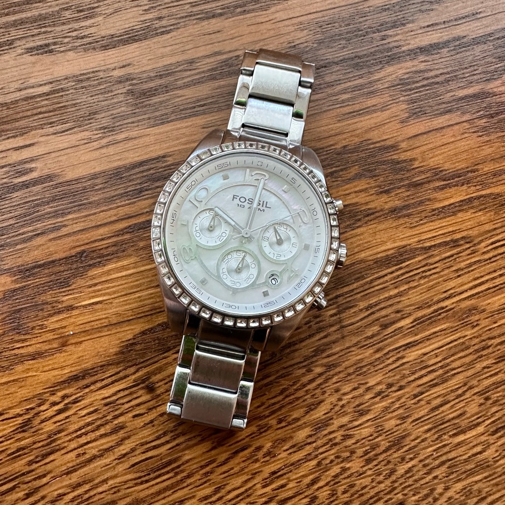 Women’s Fossil Watch- Stainless Steel Silver, Opal Face with Diamonds